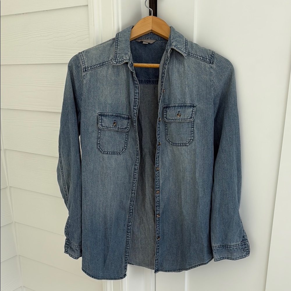 Rubbish Blue Button Down Shirt demon shirt, denim, size XS